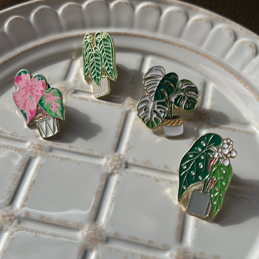 Set of 4 Enamel Plant Pins Monstera Houseplant Lapel Pins
